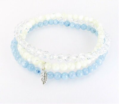 Elastisches Edelstein-Armband-3er-Set Aquamarin, Perlmutt, Bergkristall, Anhänger Silber