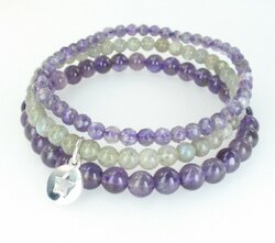 Elastisches Edelstein-Armband-3er-Set Amethyst Labradorit, Sternchen-Anhänger, silber