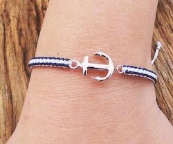 Makramee Armband Johnny Ahoi blau weiss, Anker Silber