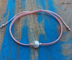 Makramee Armband rosa, Süßwasserperle/Silber