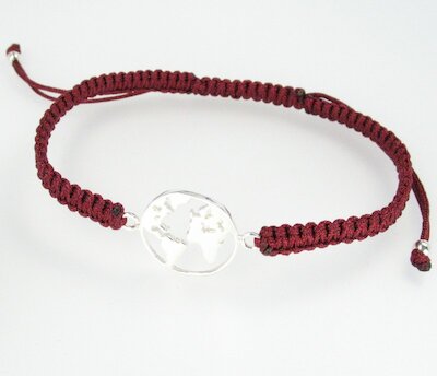 Maritimer Schmuck Makramee-Armband Weltkarte rot, Silber