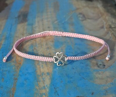 Makramee Glücks-Armband rosa, Kleeblatt, Silber