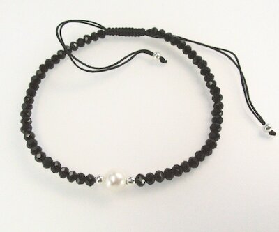 Armband schwarz facettiert Kristallglas mit Perle, Silber