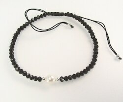 Armband schwarz facettiert Kristallglas mit Perle, Silber