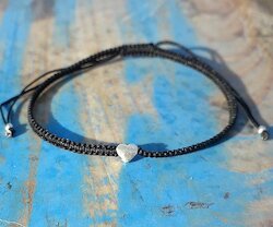 Makramee Freundschafts-Armband schwarz, Herz, Silber